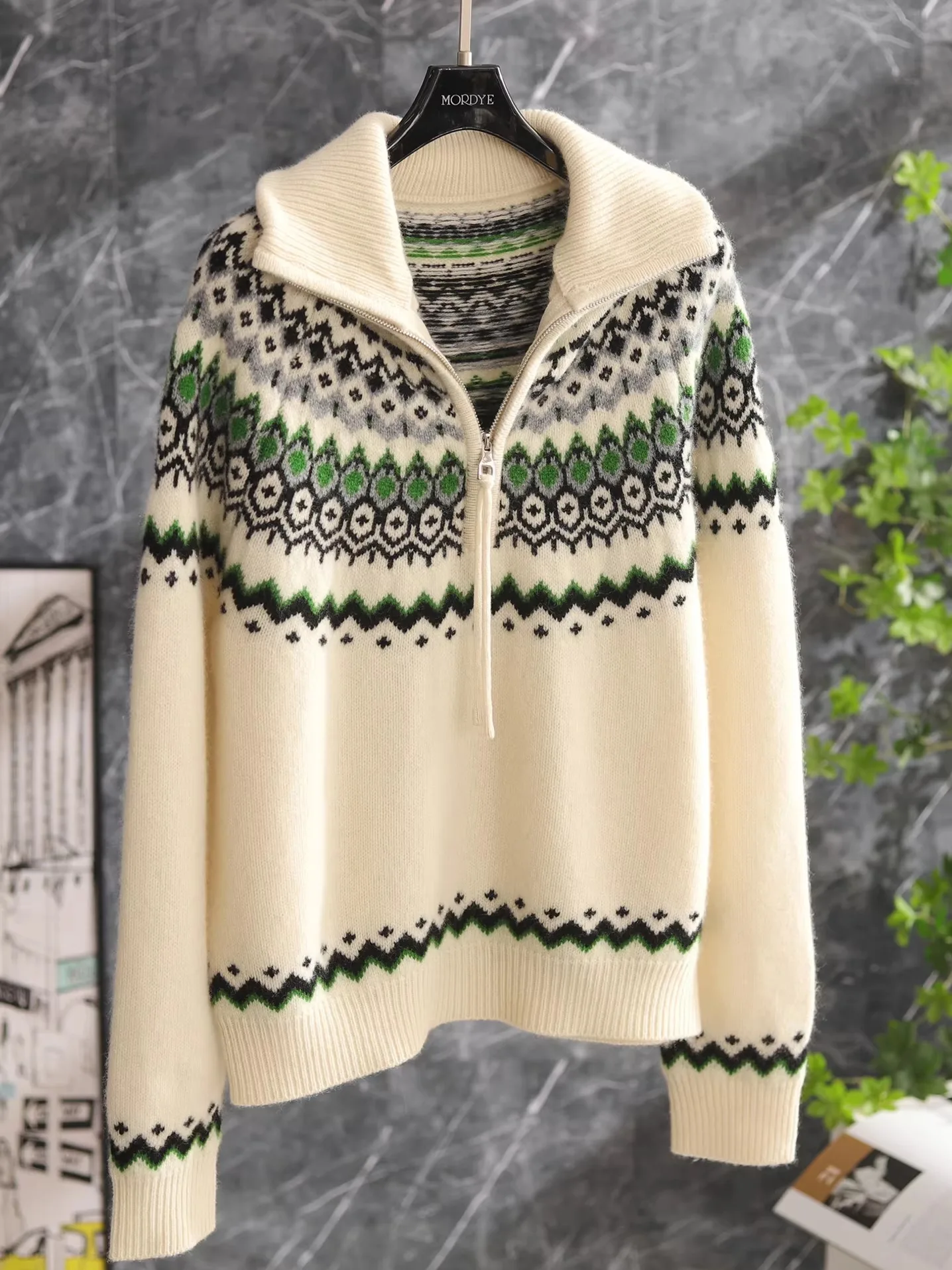

Вязаный шерстяной свитер 500 г с воротником на молнии в стиле Fair Isle, повседневный, с длинными рукавами, теплый, с геометрическим узором