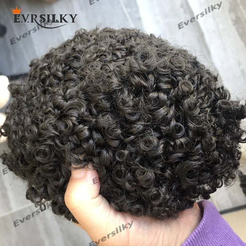 Afro Man 15mm Curly Human Hair Men Toupee Dark Brown Full Pu Skin Base Natural Hairline Capillary Prosthesis Male Hair System