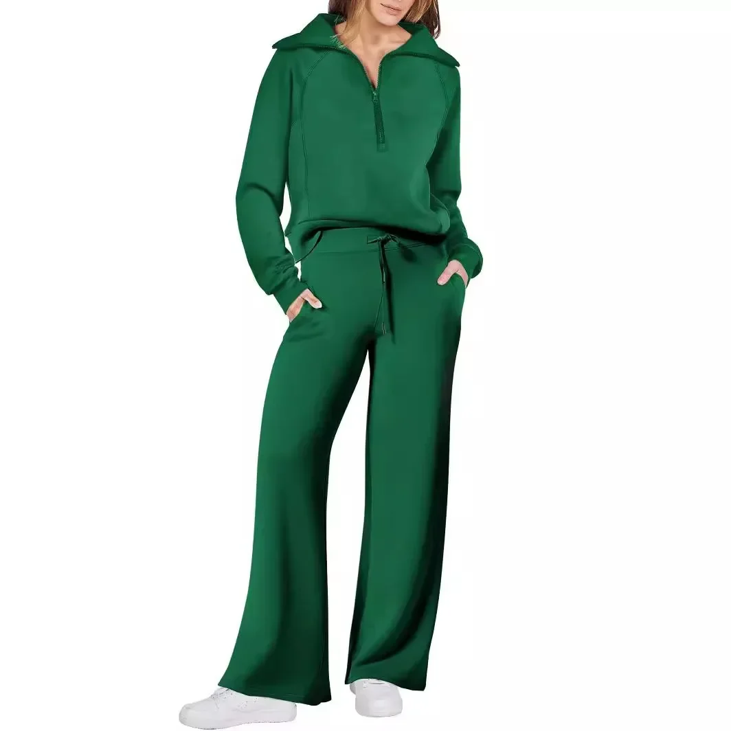 2026 Autumn/Winter Casual Wide-leg pants two-Set Long Sleeve Sweatshirt Bell Bottoms Sports Suit Zippered Tracksuit Amazon Style 4