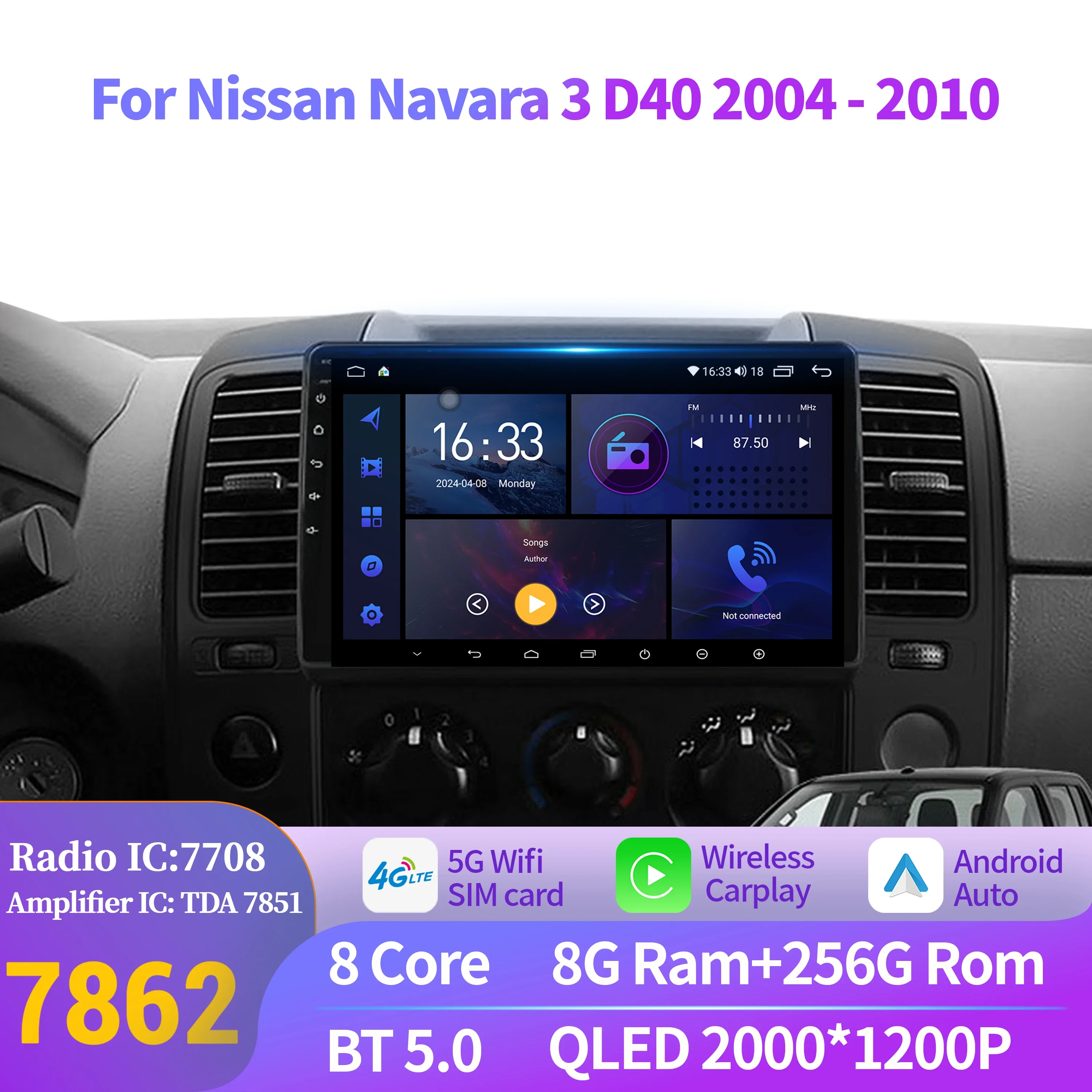 

Car Radio Multimedia GPS For Nissan Navara 3 D40 2004-2010 Android 14 Navigation Autoradio Wireless BT CarPlay 2K QLED Screen