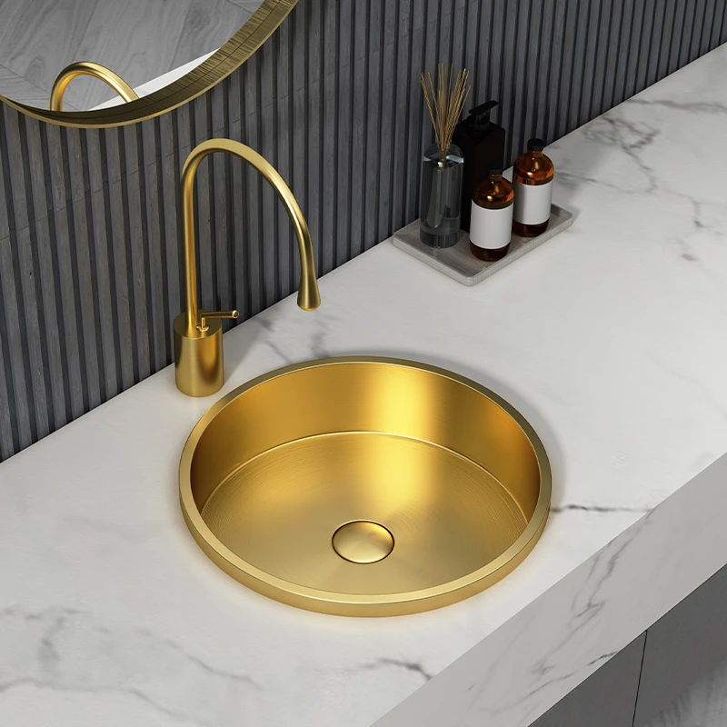 Light luxury brushed gold circular stainless steel countertop basin, semi embedded washbasin, semi hanging washbasin table