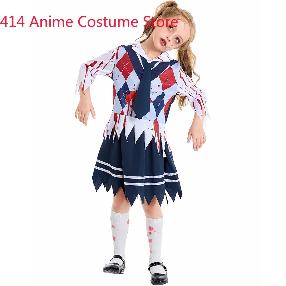 Halloween Scary Fancy Dress Bloody Zombie School Girl Costume for Child Kids Teens Top Skirt Set