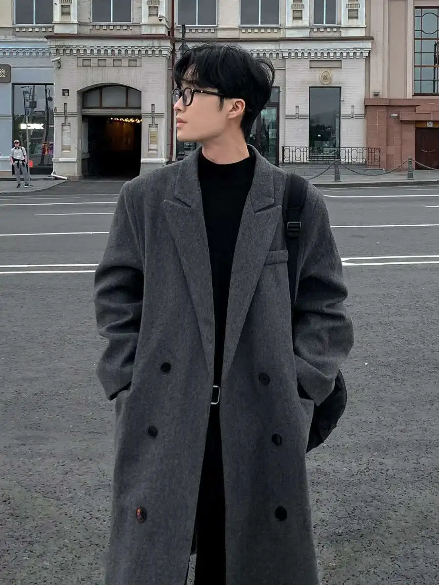 

Men's Mid-Length Woolen Coat Loose Fit Briti Sle Faionable Outerwear Long Sve Button-Up Classic Lapel Design