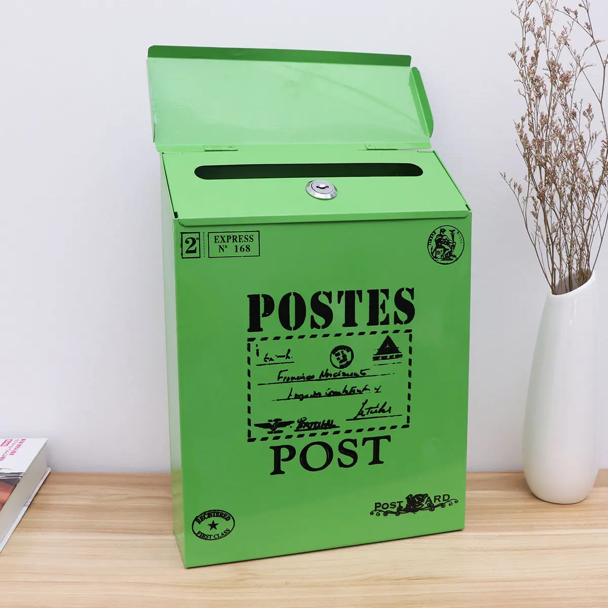 Vintage Iron Post Box Wall Mounted Decorative Mailbox with Locking Mechanism and Keys Retro Letter Printing Design Green Home