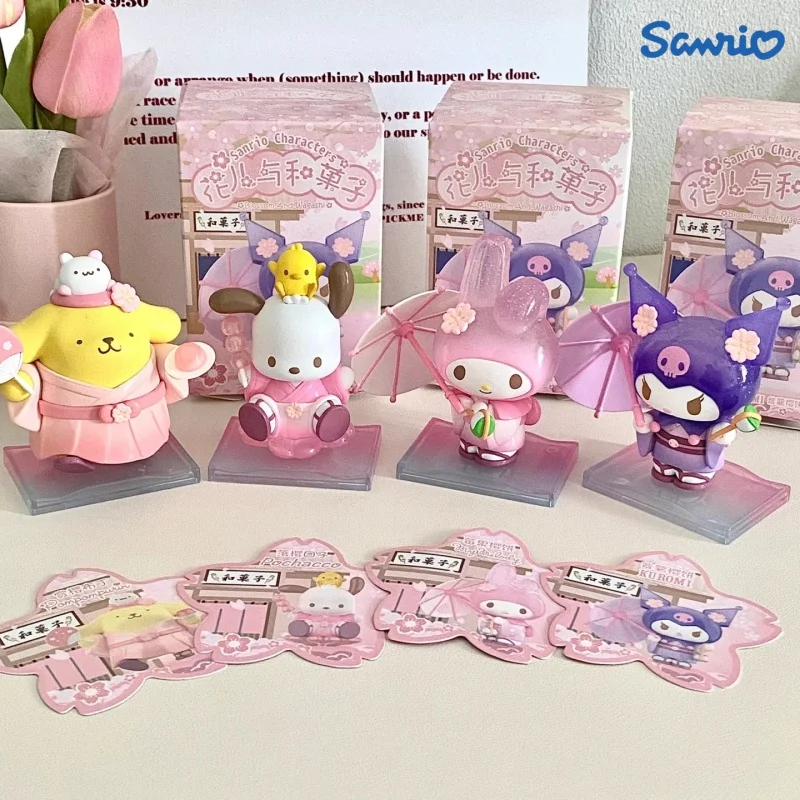 

Genuine Sanrio Figure Blossom And Wagashi Series Pompompurin Mymelody Kuromi Cinnamoroll Action Figurines Model Dolls Kids Gifts