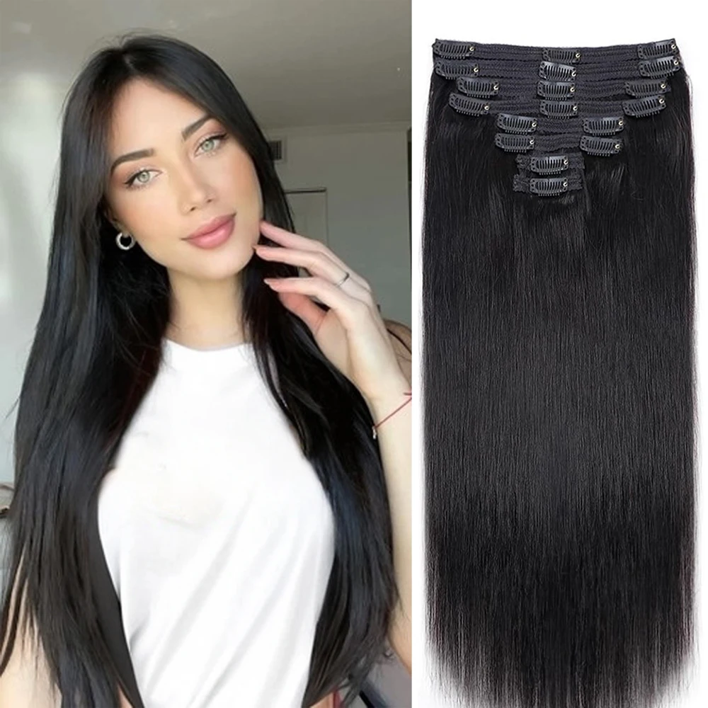 120G/8 Pieces Clip In Hair Extensions Human Hair Brazilian Straight Virgin 100% Human Hair Natural Black Color Clip In Remy Hair