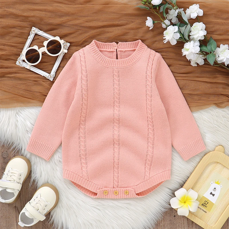 VISgogo 0-18 Months Baby Girl Boy Sweater Romper Solid Color Crew Neck Long Sleeve Cable Knit Bodysuits for Winter Fall