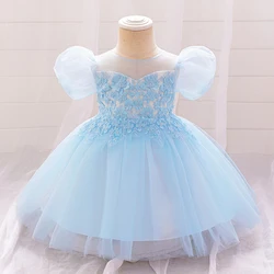 Toddler Blue 1 Year Birthday Dress For Baby Girl Clothes Puff Sleeve Princess Dress Girls Dresses Baptism Voile Party Gown 0-4Y