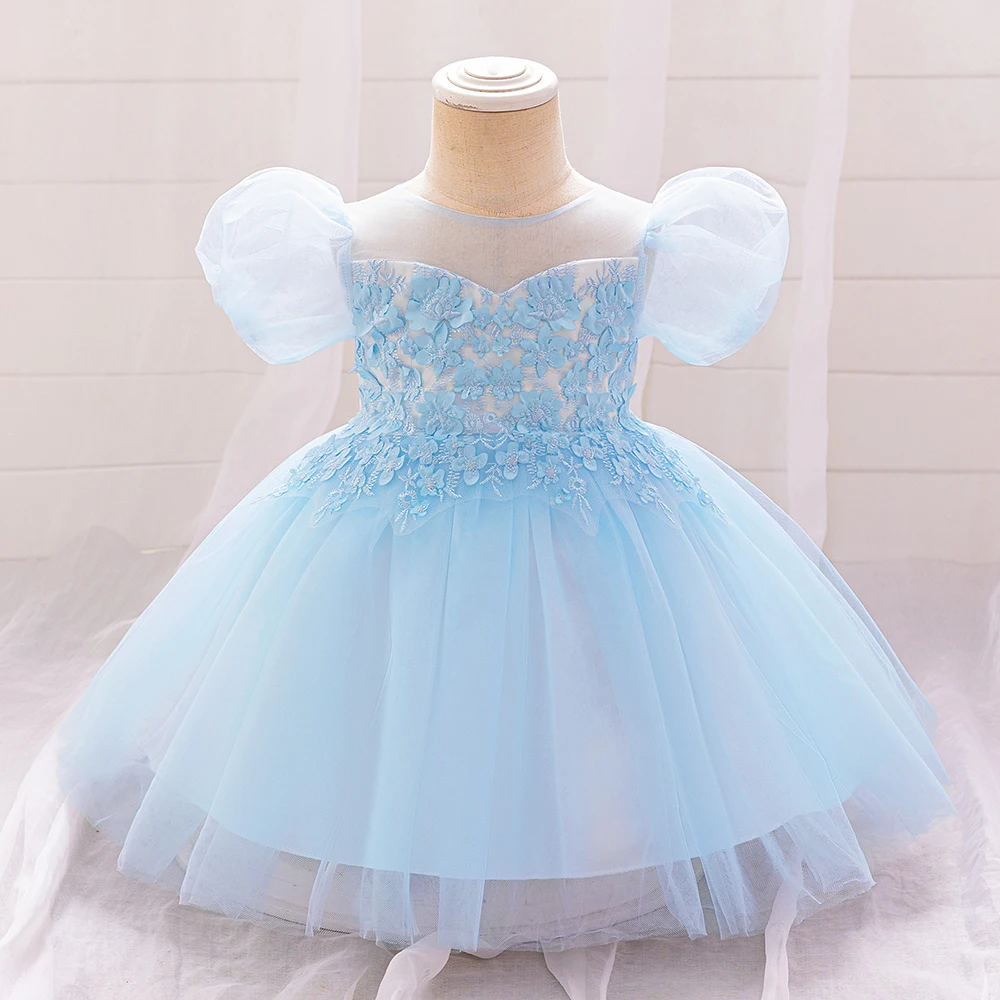 Toddler Blue 1 Year Birthday Dress For Baby Girl Clothes Puff Sleeve Princess Dress Girls Dresses Baptism Voile Party Gown 0-4Y