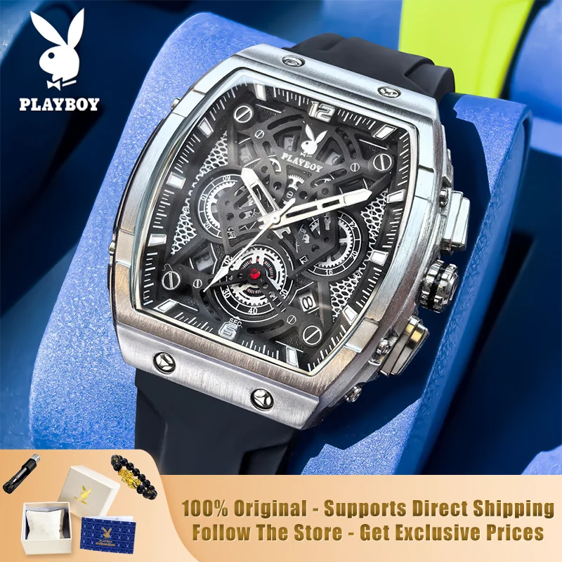 

PLAYBOY 3087 Brand original authentic watches for man luxury Gift Box Silicone strap, barrel-shaped dial, quartz men's watch
