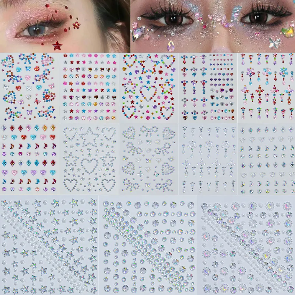 1Sheet 3D Bling Rhinestone Pearl Face Stickers White Crystal Star Snowflake Eye Gem Tattoos Sticker Tears Diamond Makeup Decor view 5