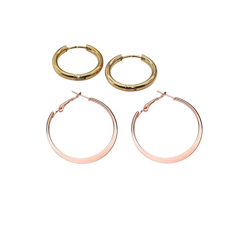 1Pair Men Women Rose Gold Color Hoop Earrings Circle 2 mm 316 l Stainless Steel 30/40/50/60 mm IP Plating No Fade Allergy Free
