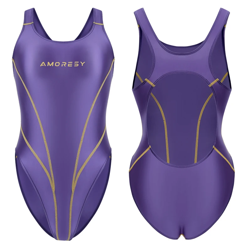 AMORESY Einteiliger Badeanzug mit glänzendem Metallic-Faden, hoch geschnitten, rückenfrei, glänzender Stretch-Bodysuit, für heiße Quellen und Urlaub