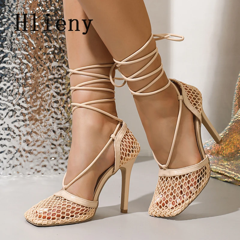 

Hlieny Sexy Mesh Pumps Lace Up Cross-Tied Sandals Summer Female Square Toe High Heels Stiletto Hollow Dress Shoes Zapatos Mujer