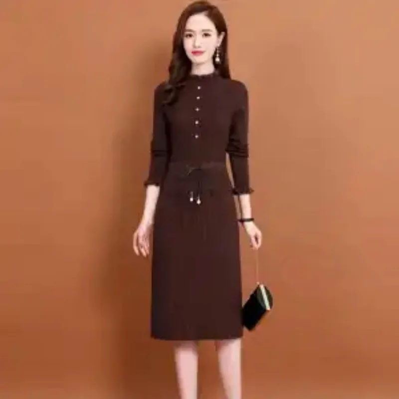 Women Fake Two Piece Knit Dress Fleece Lined Midi Length Slim Warm Knitted Sweater Dress For Autumn Winter