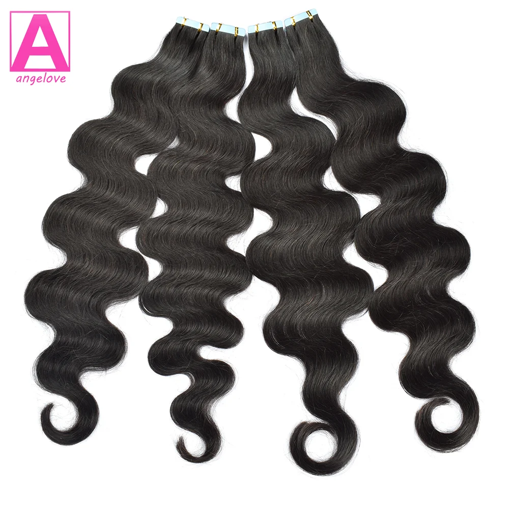 Extensiones de ondas corporales de cabello humano 100% Remy Real, pegamento adhesivo de trama de piel para salón, alta calidad para mujer, 1B