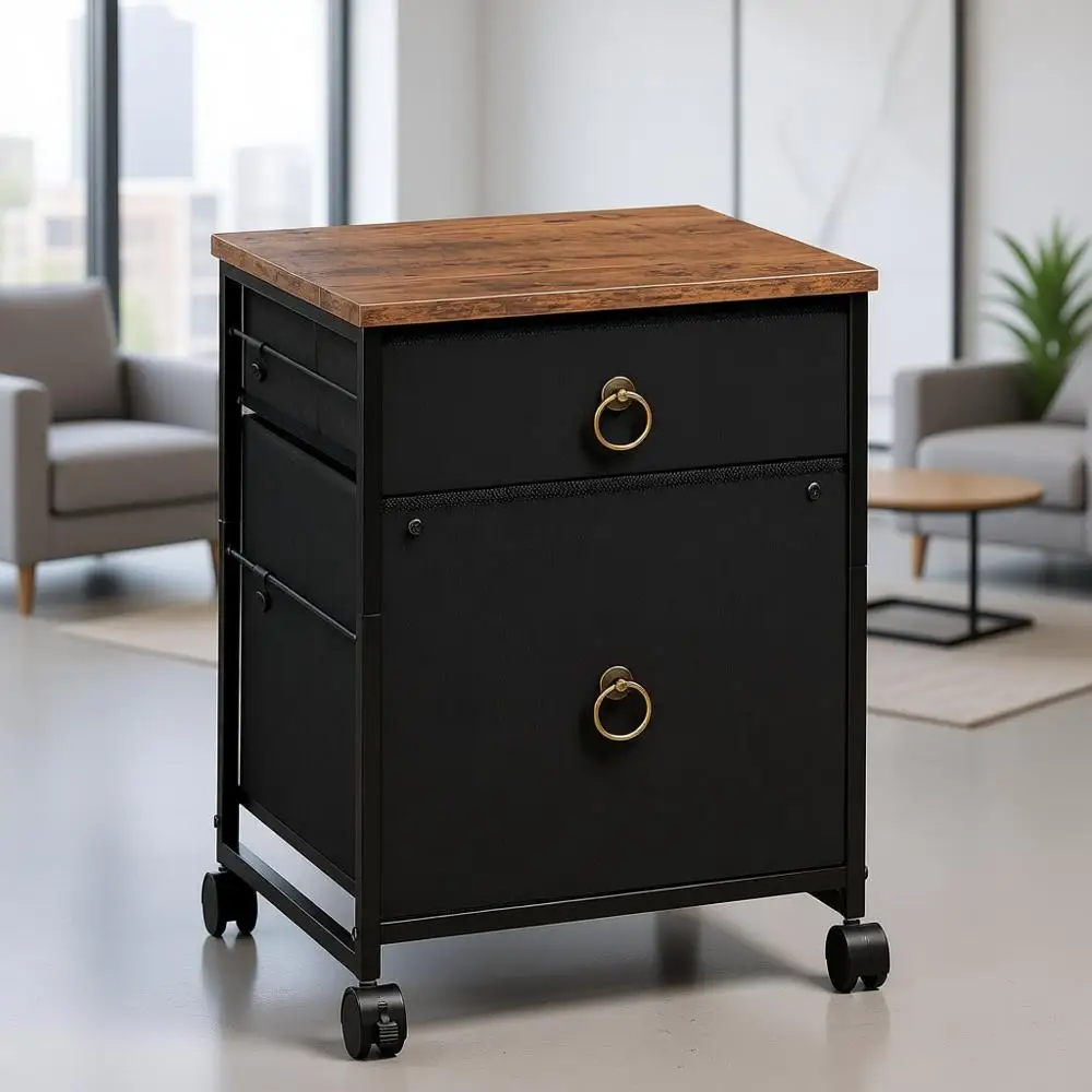 

2-Drawer Mobile Office Cabinet, Rolling Printer Stand, A4/Letter Size Files, Nonwoven Desk, Home Office, Rustic Brown & Black