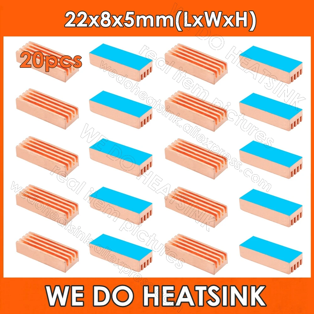 20pcs Free Shipping 22x8x5mm Pure Copper Rectangle Heatsink Radiator Cooler With Thermal Tape For Electronics IC CPU