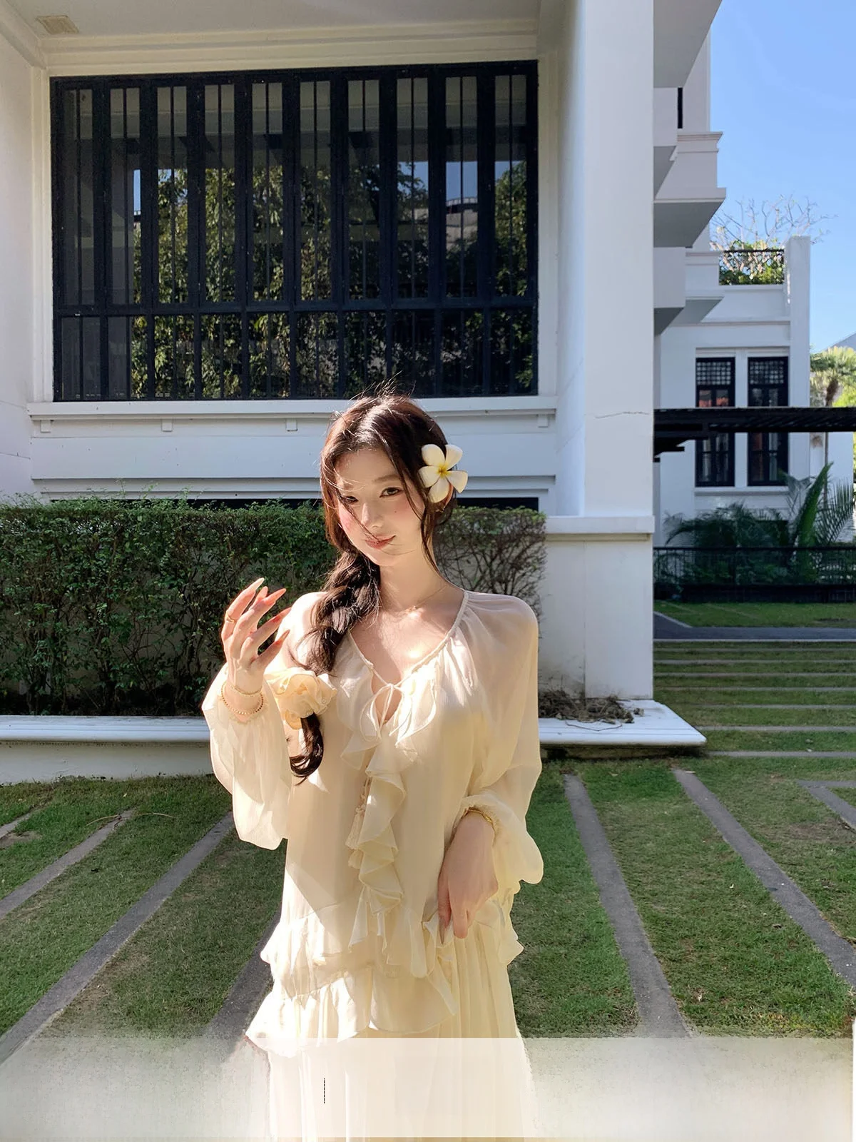 

YOLI Zhang Yuli Sweet Gauze Dr Beige V-ne Dr Женское весеннее омолаживающее праздничное платье с V-образным вырезом, стройнящее, длинное, повседневное