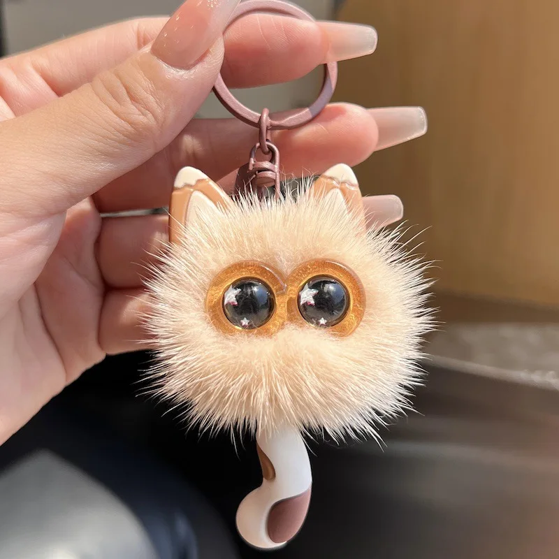 1個入り 可愛い本物のミンクファー子猫カーキーホルダーぬいぐるみボールキーリングペンダントドールバックパックチャーム女性女の子向けギフトキーホルダー