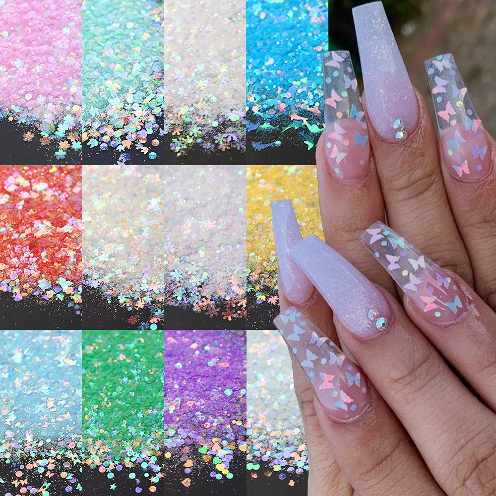 50G Glitter Kleurrijk Nagel Pailletten Splinter Reflecterende Effect Vlokken Bruiloft Nagel Charme 3d Vlinder Pentagram Diy Nagel Decoratie