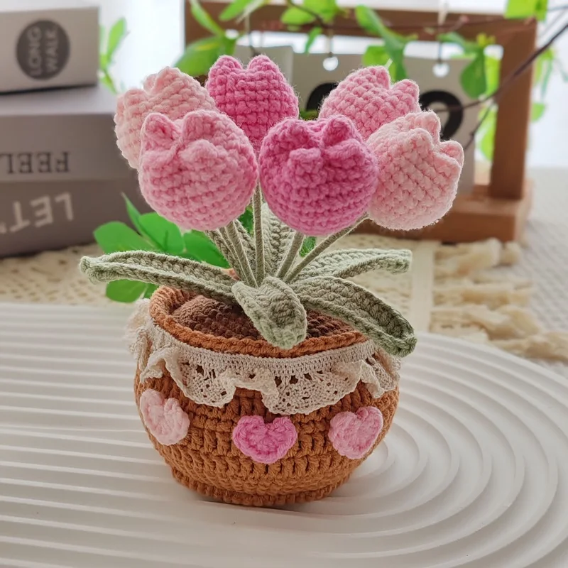 Unique Crochet Flower Plant Potted Creative Office Desktop Knitting Handmade Woolen Yarn Finished Product Car Room Decoration