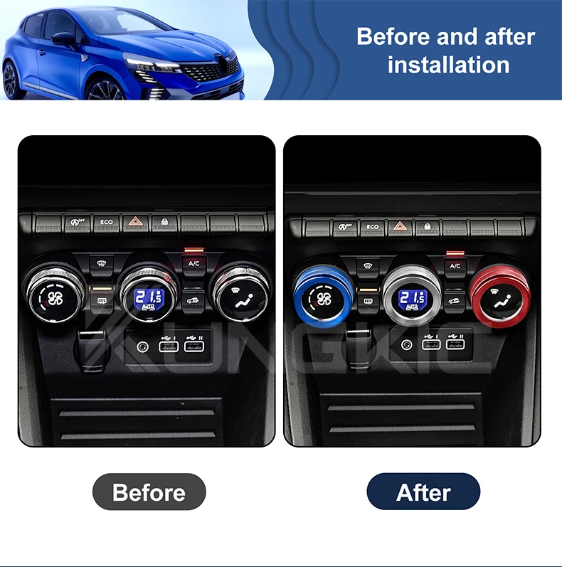 Für Renault Clio 5 2019 2020 2021 2022 2023 2024 2025 Dreifarbige AC-Einstellknopfringe ﻿ Zentrales Zubehör – Detail 3