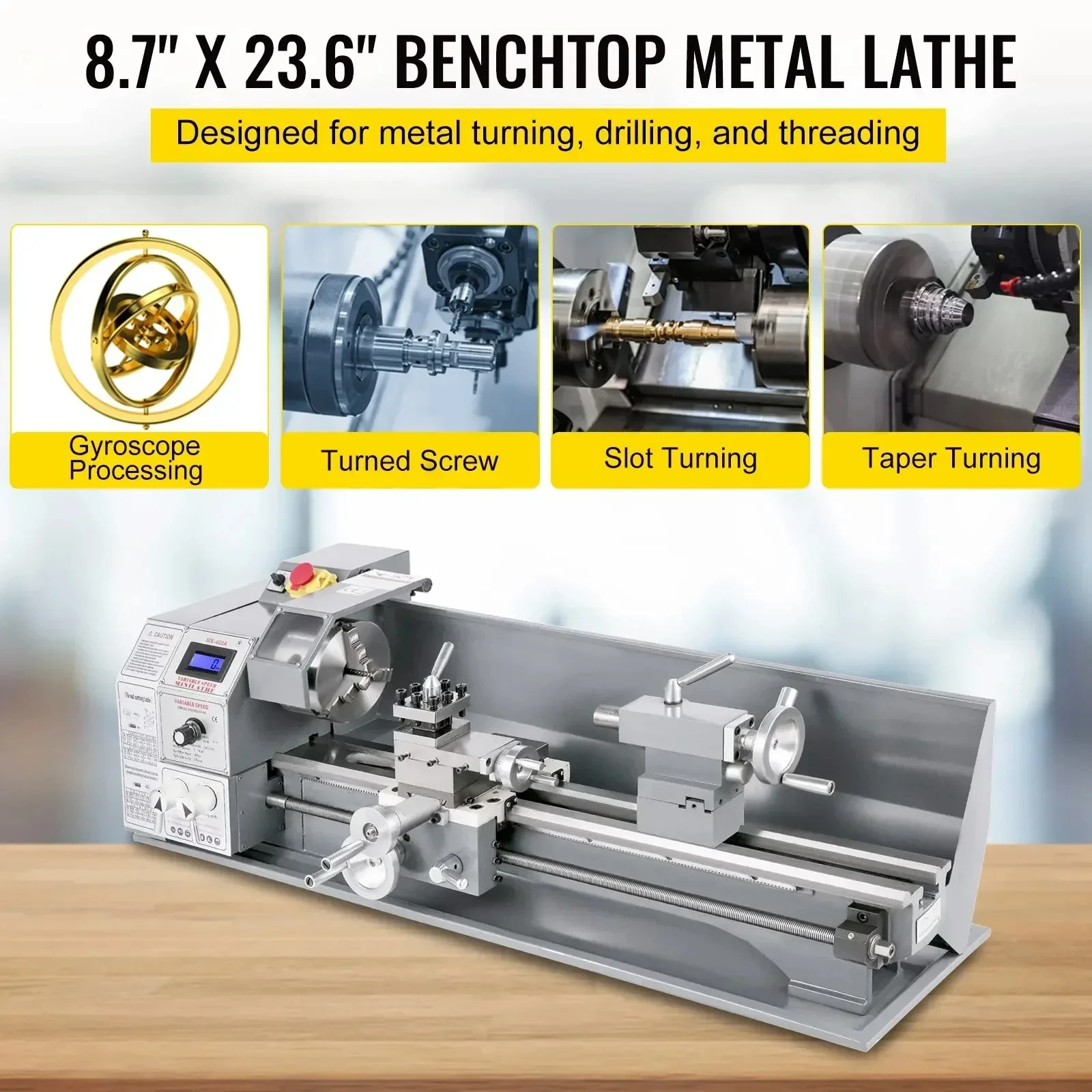 VEVOR Metal Mini Lathe 1100w Mini Metal Lathe 220x600 mm 38mm Spindle 3-Jaw Chuck Blushless Motor Led Machine Drilling Threading