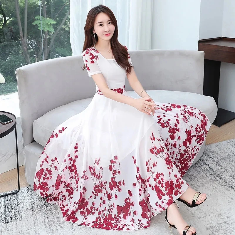 2024 Beach Floral Chiffon Midi Dress Women Elegant Summer Korean Fashion Casual Bodycon Party Evening Long Dresses