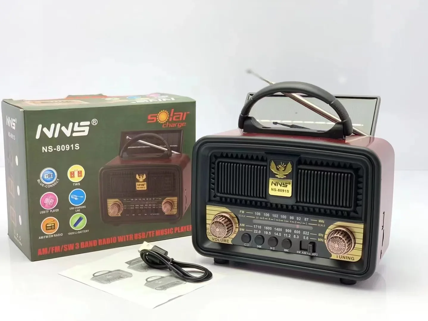 NNS NS-8091S Rechargeable Classic Vintage Retro Old Vintage Solar Powered Fm Am Sw 3 Bands Wooden Home Radio With Usb Speaker