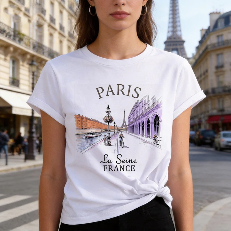 90s T Shirt Paris Women Print T-shirt Girl Short Sleeve Crew Neck Casual Tees Tops for Summer Spring Women's Clothing