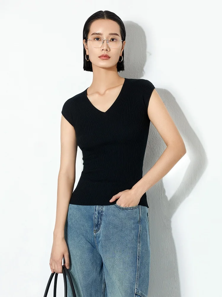 

High-End Cooln V-Ne Slim Fit Acetate Wool Knitted Top Women Summer Thin ort Sve Soft Comfortable Commute Sle