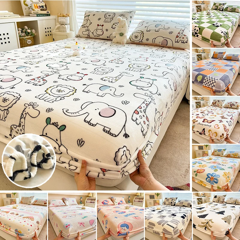 

Premium Velvet Fitted Sheet Cute Soft Warm Bedsheet Elastic Bed Cover for Adults Kids Room Winter Use Single Queen King Sizes