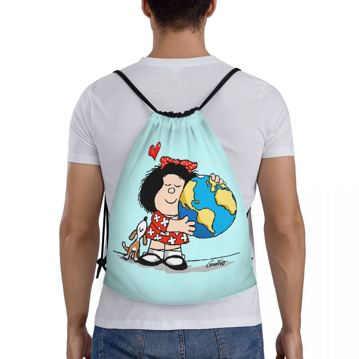 Mafalda World And Her Puppy Drawstring Backpack Sports Gym Bag for Men Women Quino Comic Cartoon Shopping Sackpack