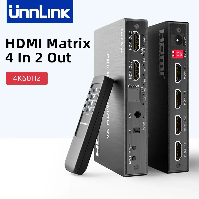 Unnlink 4K 60Hz HDMI Matrix 4x2 Video Switch Splitter 4 In 2 Out with Optical Toslink 3.5mm R/L Audio IR Remoter