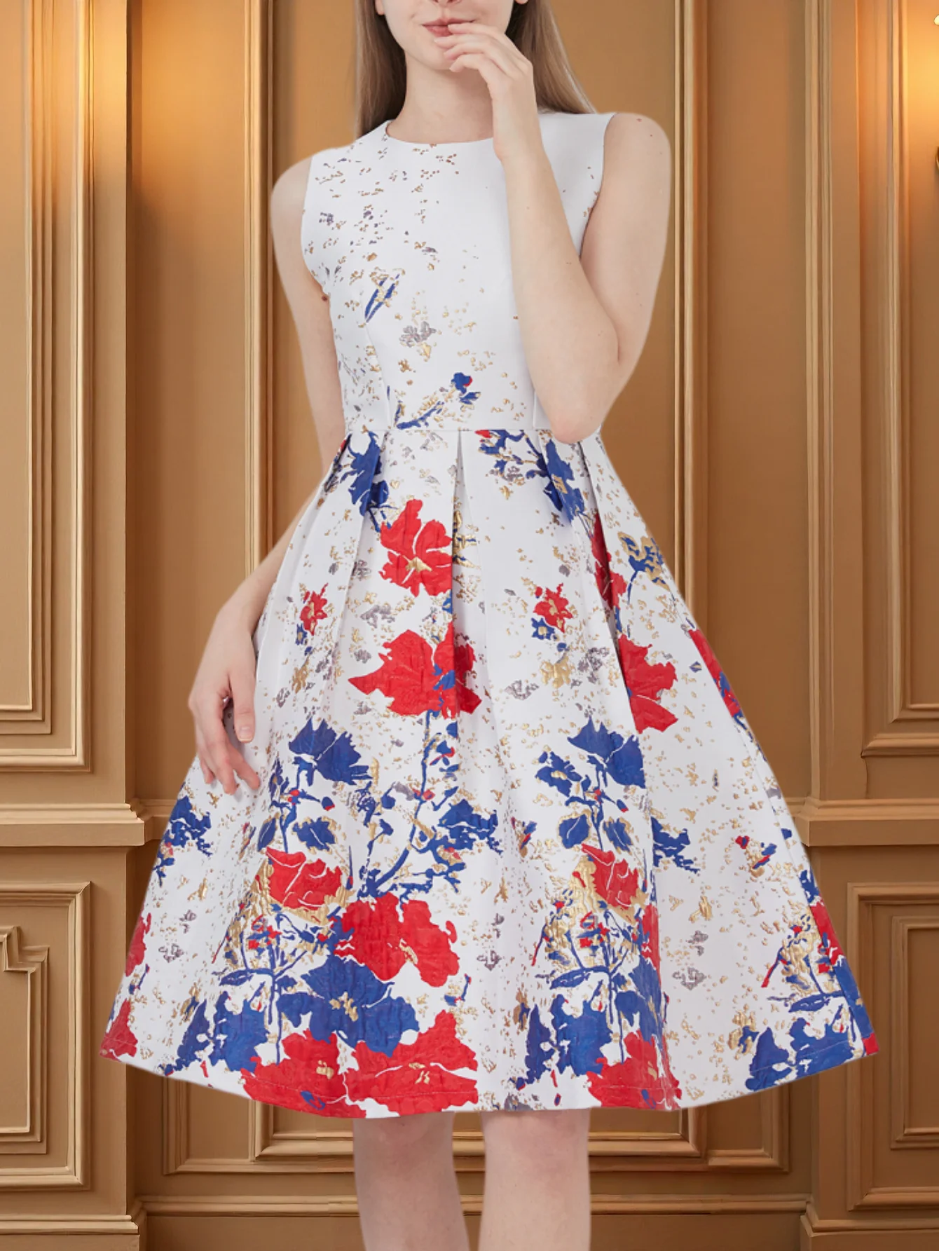 

Жаккардовое платье трапециевидной формы без рукавов с круглым вырезом и талией, легкое, роскошное, элегантное, для свидания, послеобеденного чая, платье с цветочным принтом в стиле ретро