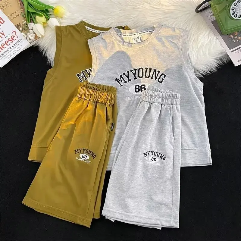 

Summer Teenage Boys Clothes Set Children Letter Tshirts and Shorts 2 Pieces Suit Kid Sleeveless Top Botton Outfit Tracksuits