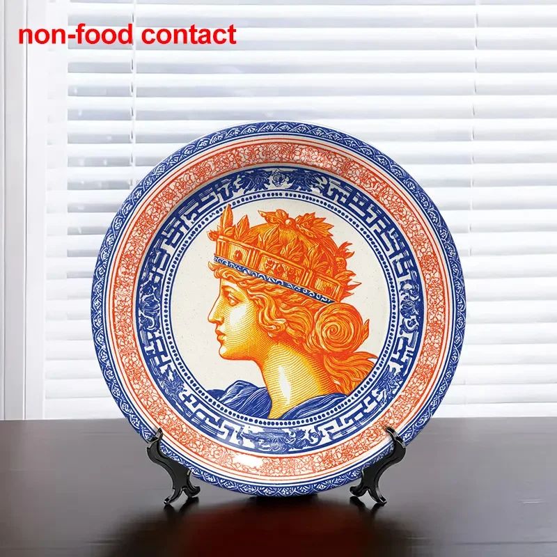 2D Flat, 1pc Vintage Crown Ceramic Wall Plate - 8-Inch Round Display Tray with Necklace & Ring Holder, Non-Food Contact