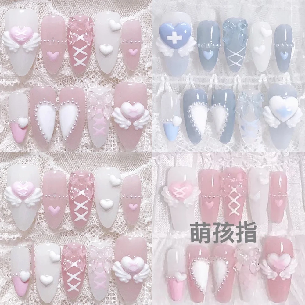 

Sweet Lovely Handmade Long Coffin Stiletto Reusable Fake Nails Gentle 3D Bowknot Wings Pearl Love French Press On Nails Gifts