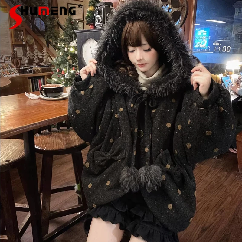 

New Japanese Vintage Style Woolen Warm Loose Batwing Sleeves Bowknot Hooded Short Coat Y2k Clothes Cool Jacket Shorts For Ladies