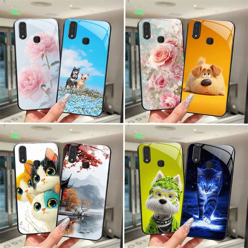 Чехол с красивым цветком и милыми мультяшными котами для vivo V11i 1806/ vivo V11 1804, чехол для телефона из закаленного стекла, защитный чехол, твердый корпус