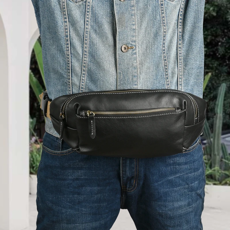 Real Leather Men Casual Fashion Travel Fanny Waist Belt Chest Pack Sling Bag Design Bum Phone Cigarette Case Male Black