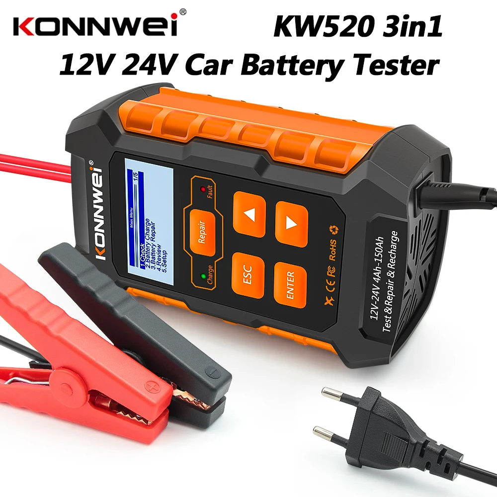 

KONNWEI KW520 12В 24В 4Ач-150Ач Полнофункциональный автоматический тестер-ремонтник автомобильных аккумуляторов для свинцово-кислотных, импульсных, AGM, гелевых и литиевых аккумуляторов