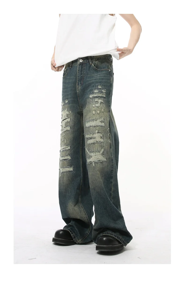 IEFB High Street Men's Denim Pants Hole Worn-out Streetwear Trousers Straight Wide Leg Casual Male Jeans New Autumn 2024 9C8513