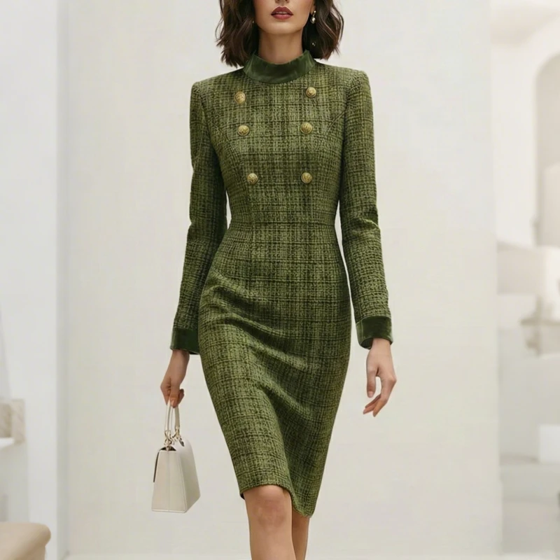 Modigirl Damskie Sukienki Tweedowe Midi na Wiosnę 2026, Eleganckie Sukienki Ołówkowe Bodycon w Stylu Vintage ze Złotymi Guzikami, Idealne dla Kobiet Pracujących w Biurze, Formalne na Jesień