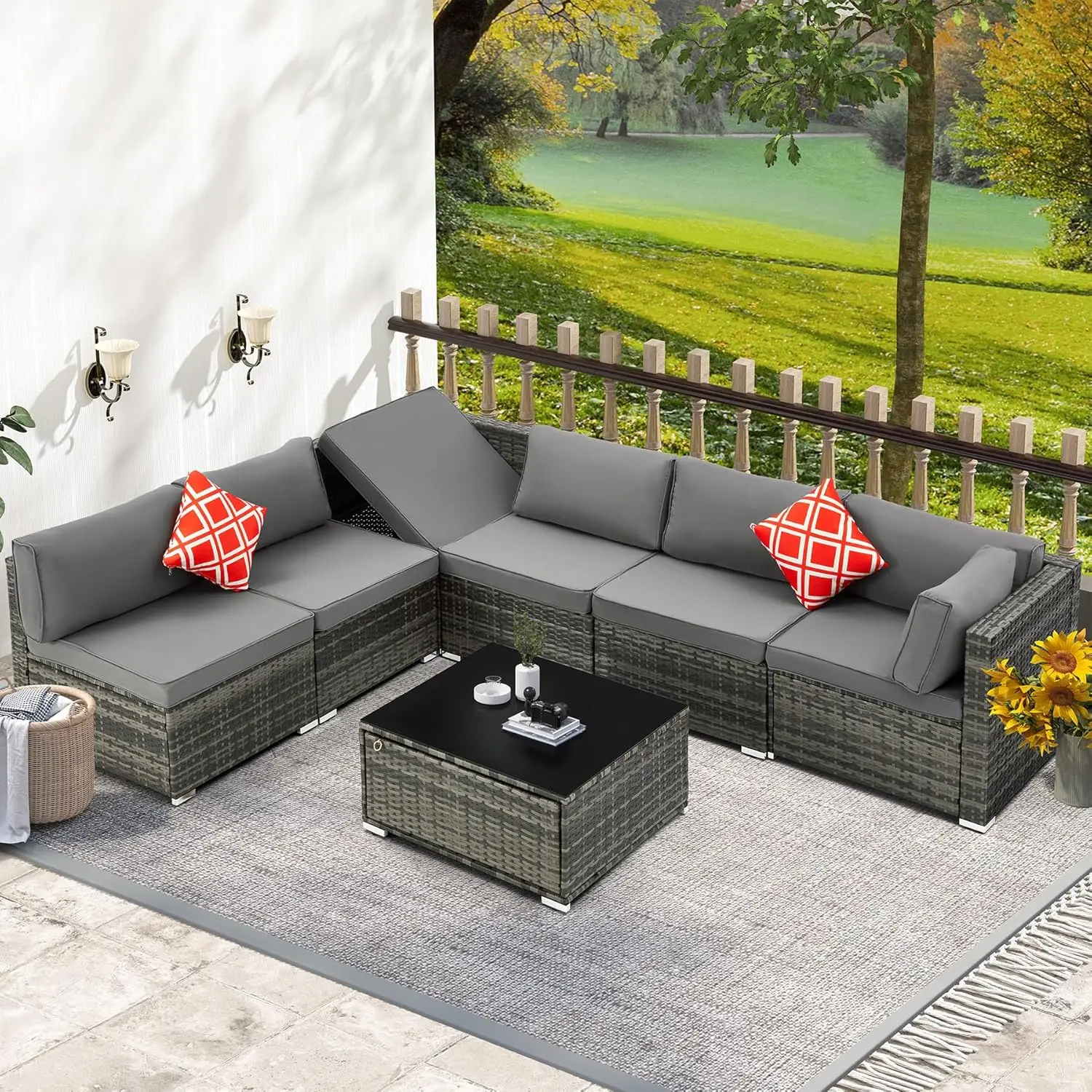 

Комплект садовой мебели из 7 предметов: серый диван из ротанга PE, регулируемый стол, подушки, для веранды, газона, сада, на заказ