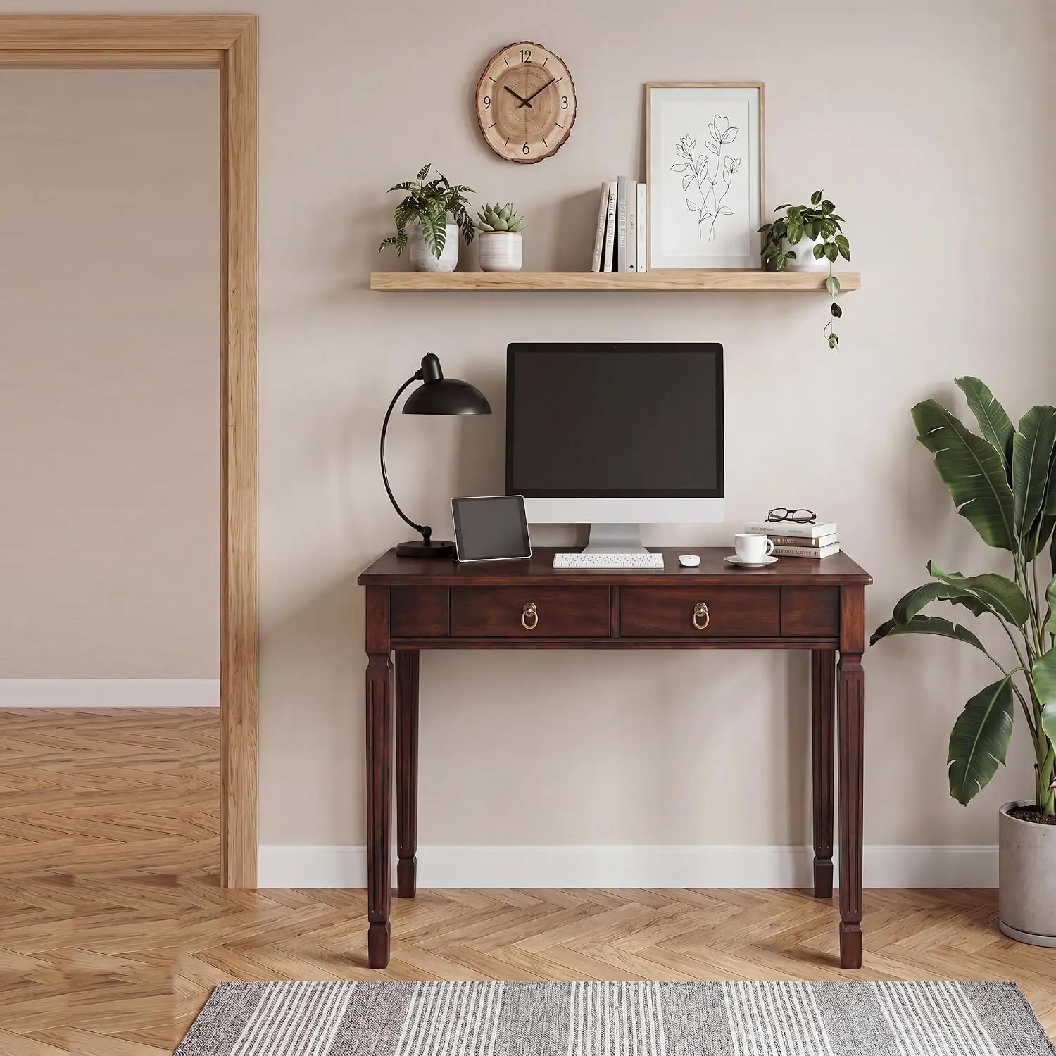 Solid Wood Writing Desk With 2 Drawers, Mahogany Cherry Wood Table For Home Office, 31.5
