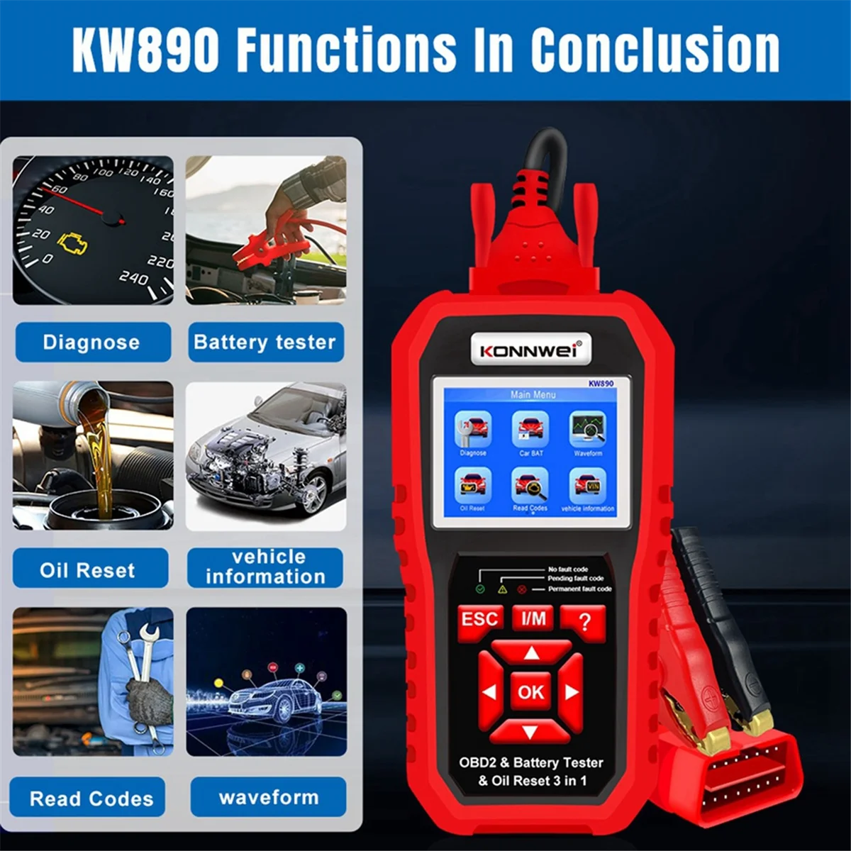 KONNWEI KW890 Oil Reset Battery Tester OBD2 Diagnostic Scanner Tool 3 in 1 EOBD Engine Check Code Reader Diagnose