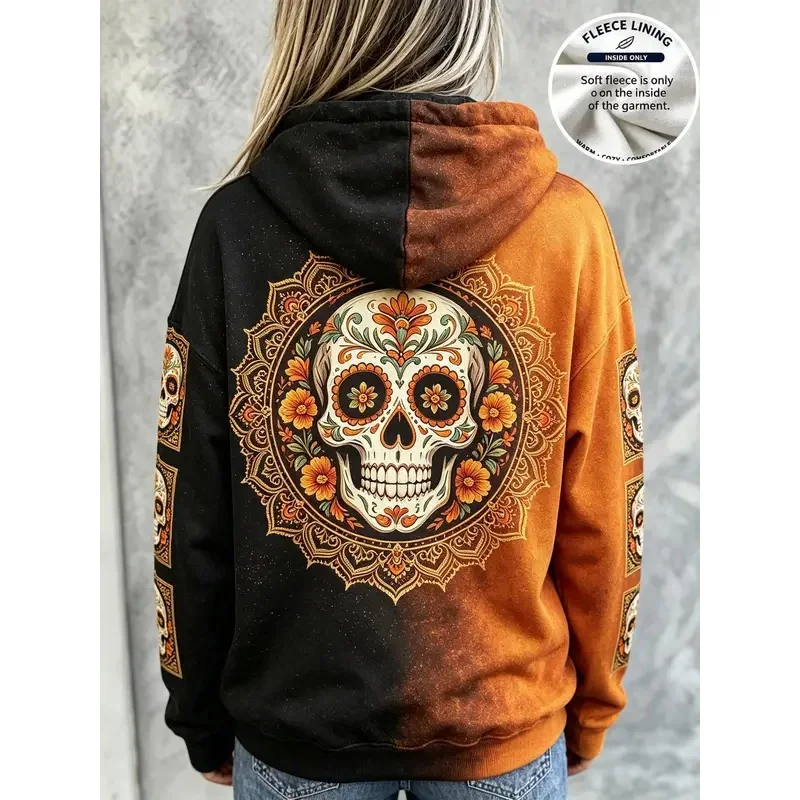 Autumn and winter orange and black gradient fleece hooded sweatshirt with skull print pockets and long sleeves a casual top