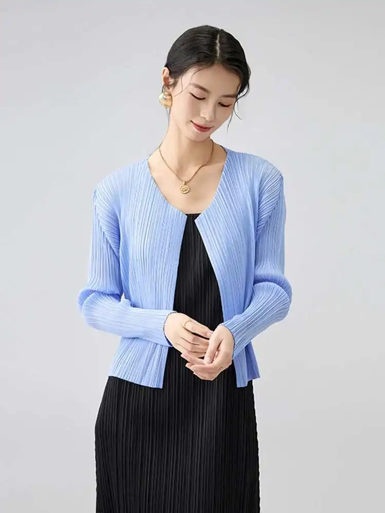 Pleated Cardigan Blue Coat For Women V Collar Long Sleeve Short Jackets Lightweight Summer Sun-proof Clothing 2IPYR